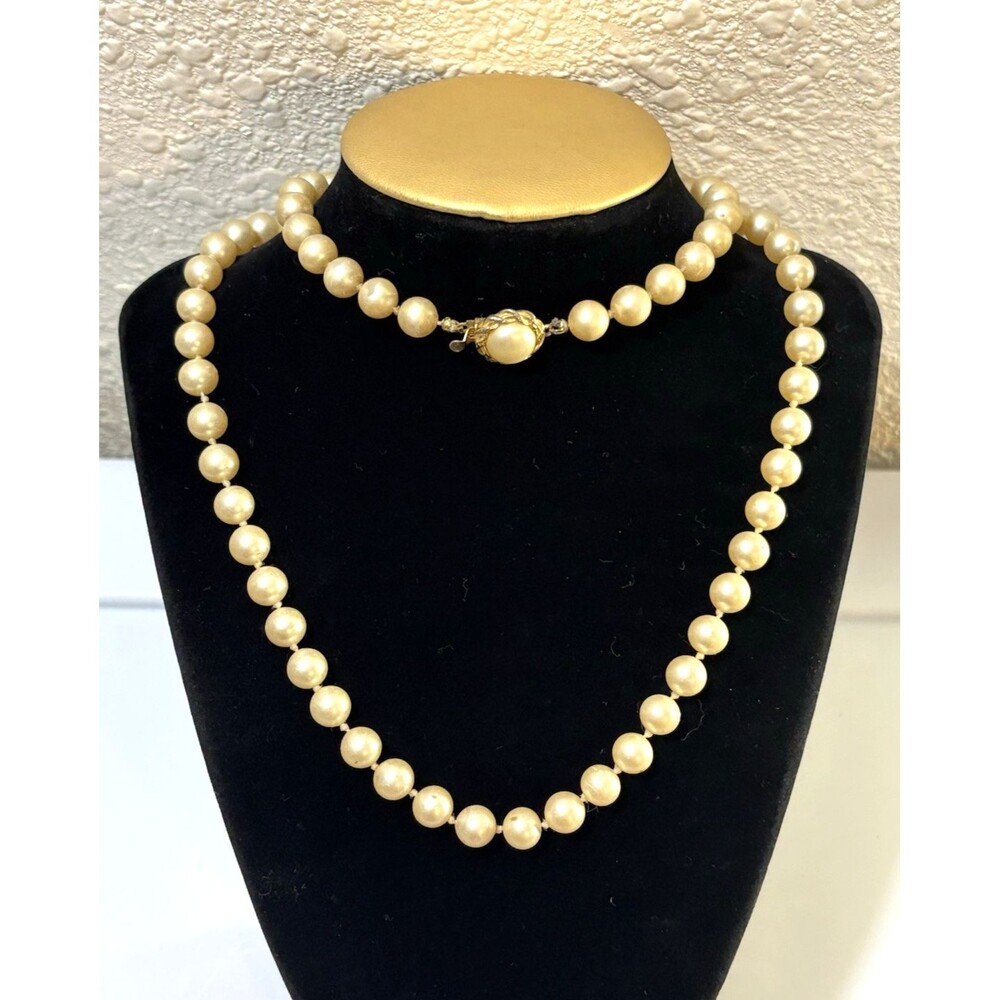 Vintage 30” Hand Knotted Faux Pearl Necklace Signed “NM”